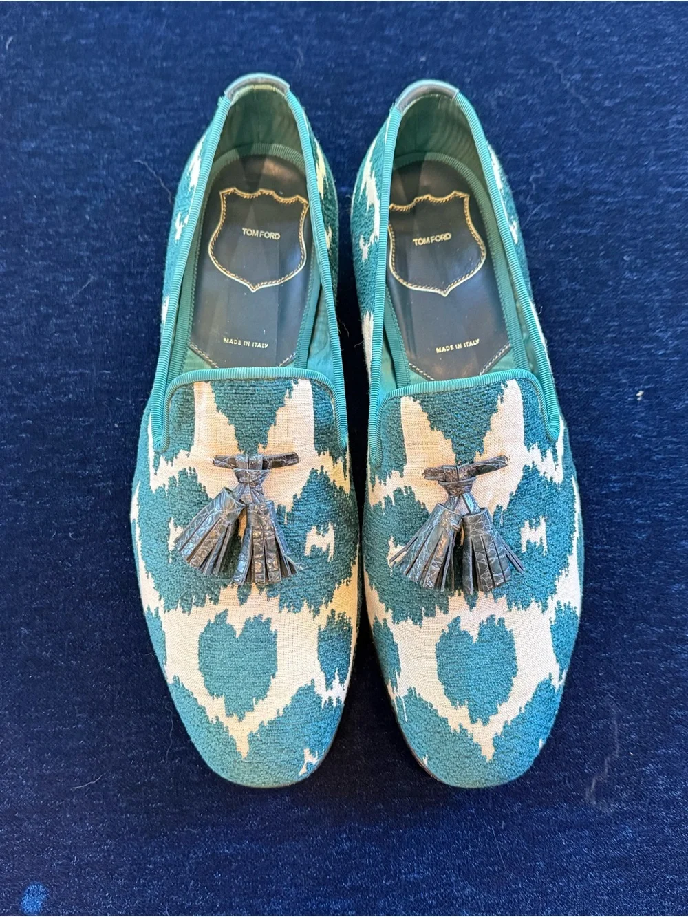 Tom Ford Teal and Cream Ikat Tassel Loafers